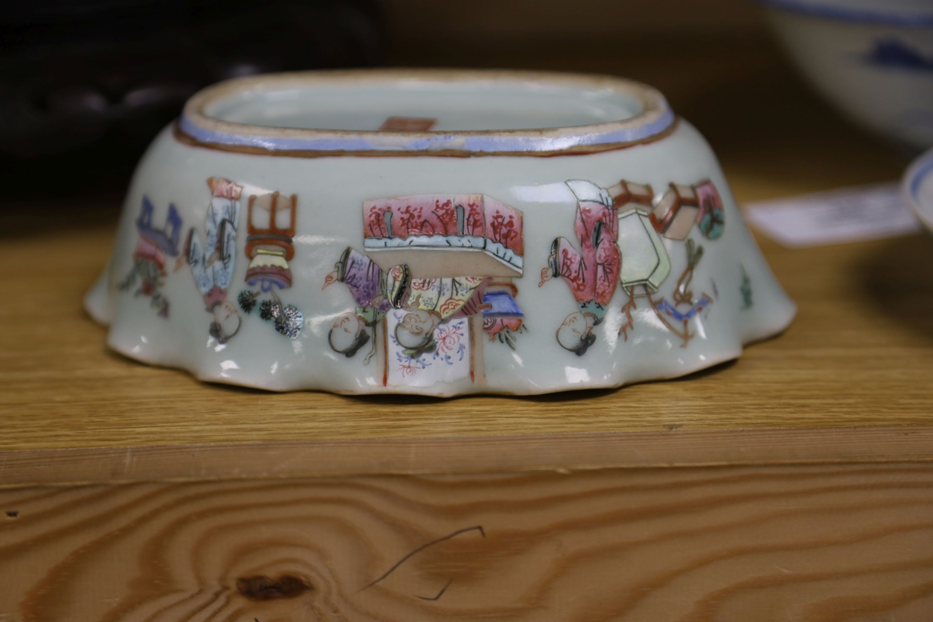 A large early 20th century Chinese cloisonné enamel ‘dragon’ bowl and two Chinese Tongzhi celadon ground famille rose bowls 31cm